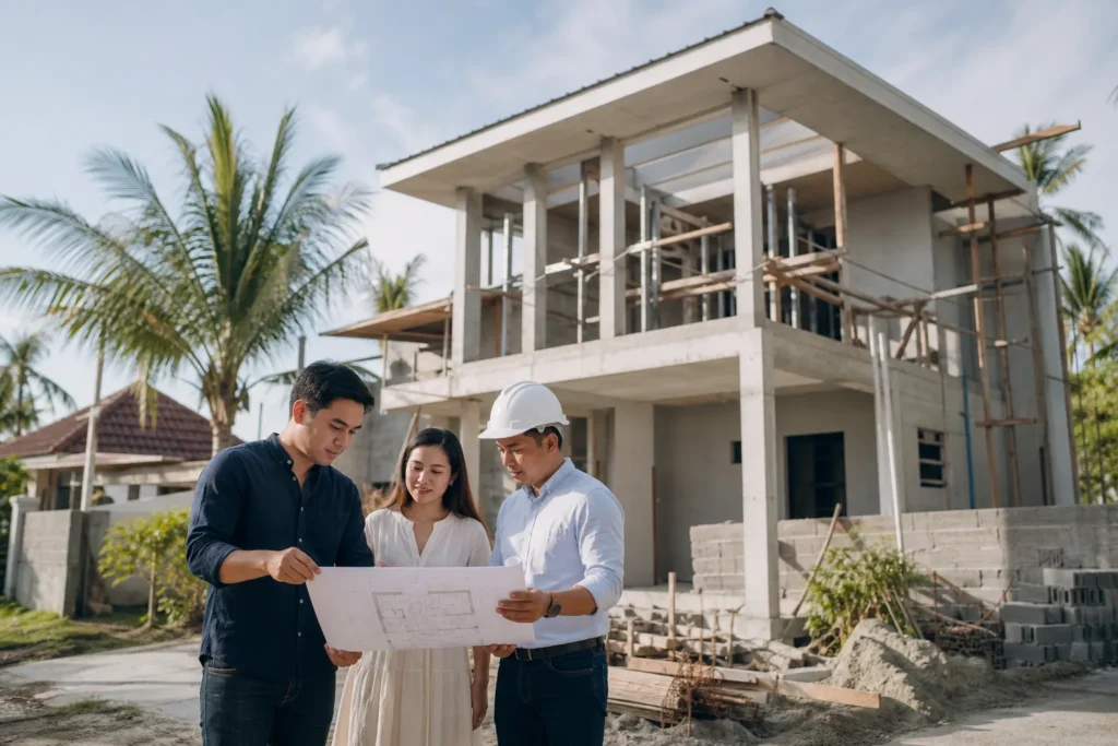 Filipino homeowners and a construction professional planning a new house in Cebu