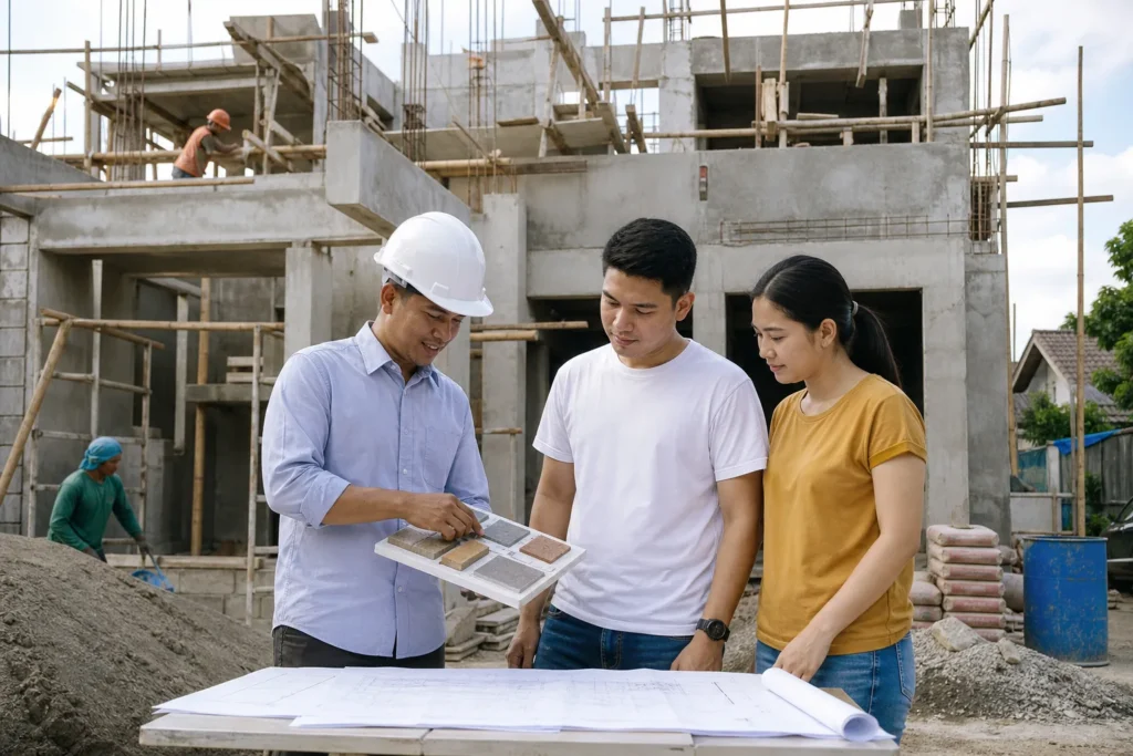 Filipino homeowners comparing plans and materials with a Cebu construction contractor