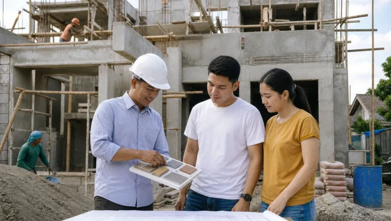 Filipino homeowners comparing plans and materials with a Cebu construction contractor
