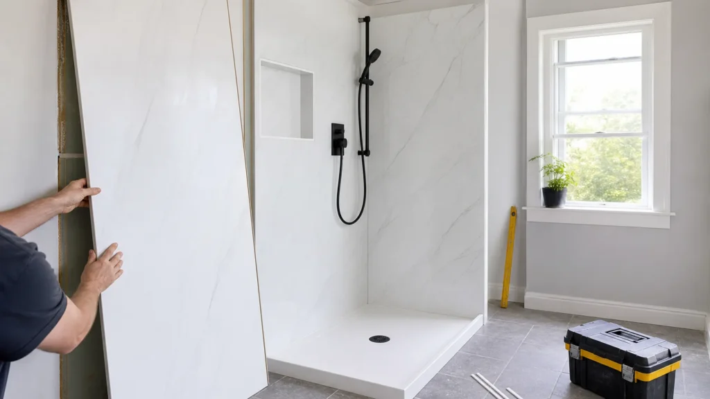 Pose de panneaux PVC propres pour murs de douche