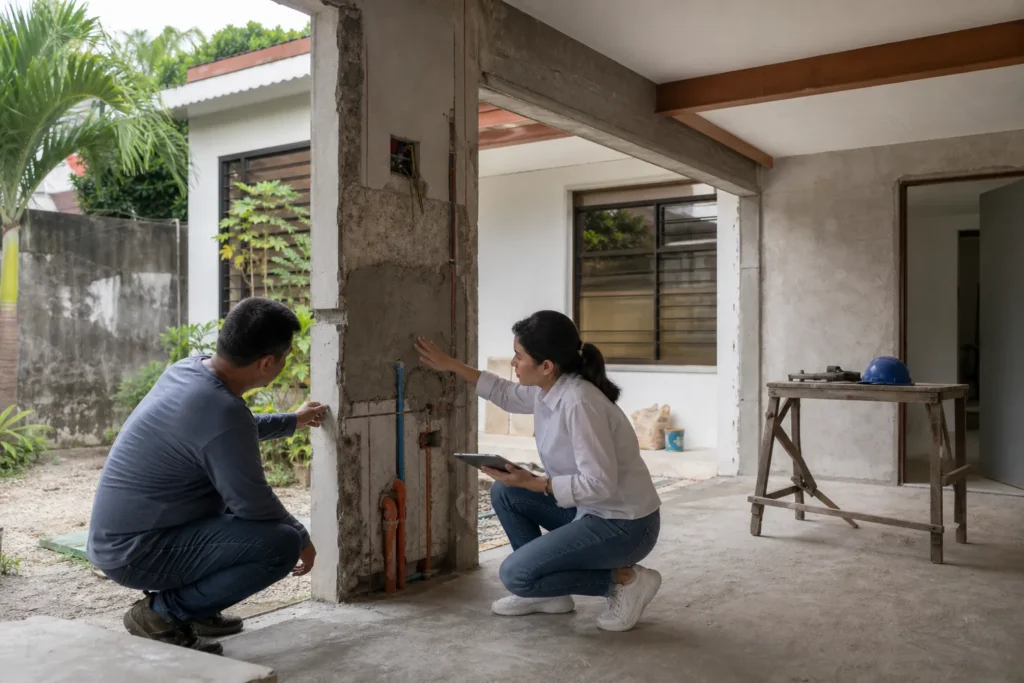 Architect and tradesperson assessing an older Cebu home before renovation