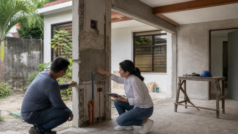 Architect and tradesperson assessing an older Cebu home before renovation