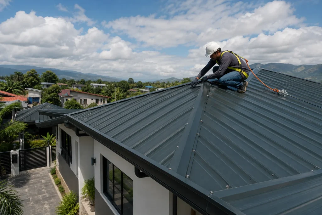 Professional inspection of a typhoon-resilient metal roof on a Cebu home
