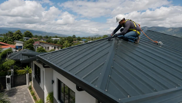 Professional inspection of a typhoon-resilient metal roof on a Cebu home